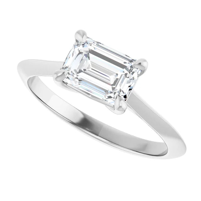Sideway Picture for 1 CT East West Emerald Cut Diamond Solitaire Engagement Ring Set in white gold or platinum