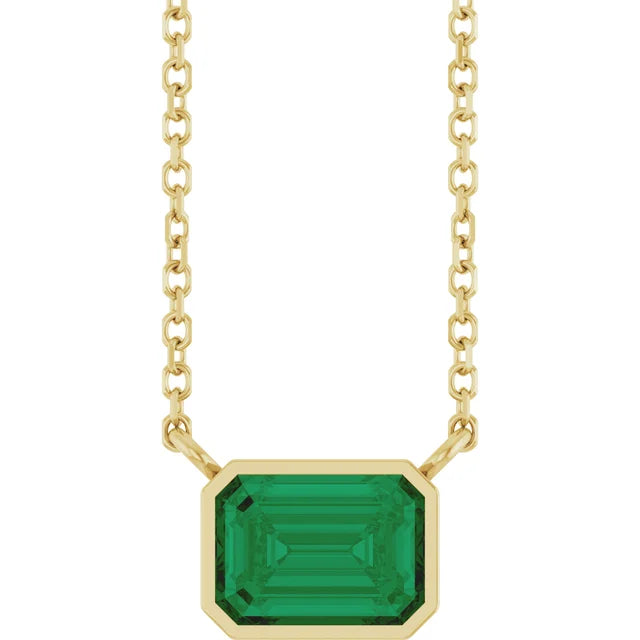 Yellow Gold Bezel Set Emerald Cut Emerald Birthstone Solitaire Necklace