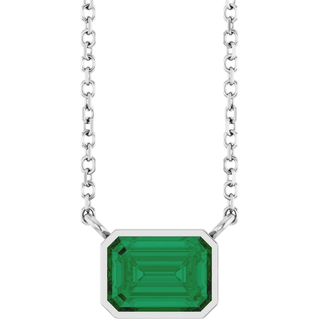 White Gold Bezel Set Emerald Cut Emerald Birthstone Solitaire Necklace