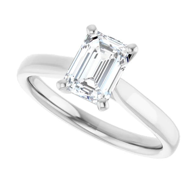 Side Way Picture for Classic 4-prong emerald cut solitaire engagement ring in 14K white gold with a 1 carat diamond, elegant step-cut rectangular design