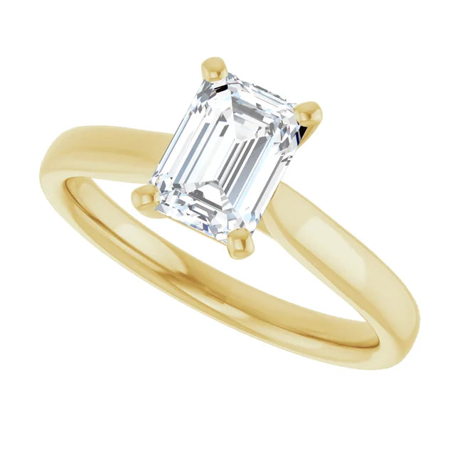 Side Picture for Classic 4-prong emerald cut solitaire engagement ring in Yellow gold with a 1 carat diamond, elegant step-cut rectangular design