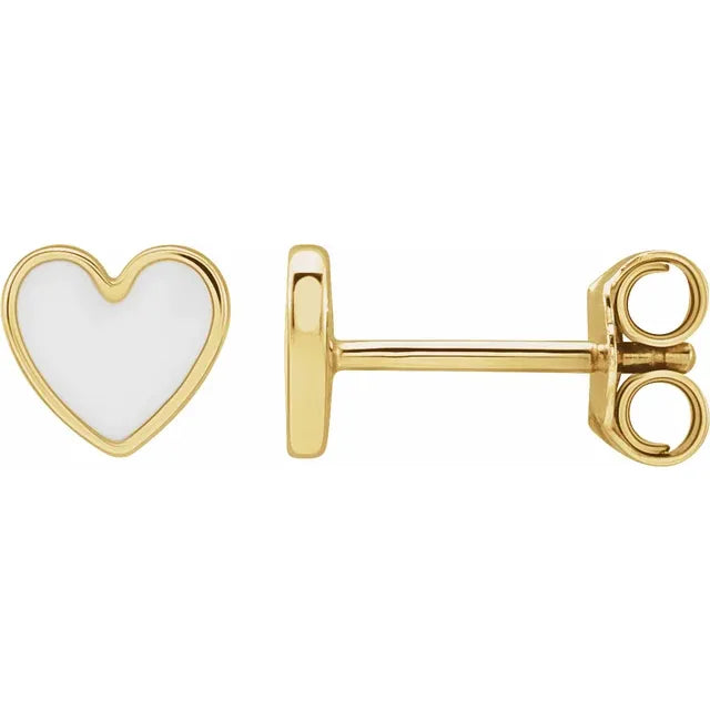 14K Yellow Gold White Enameled Heart Gold Earrings