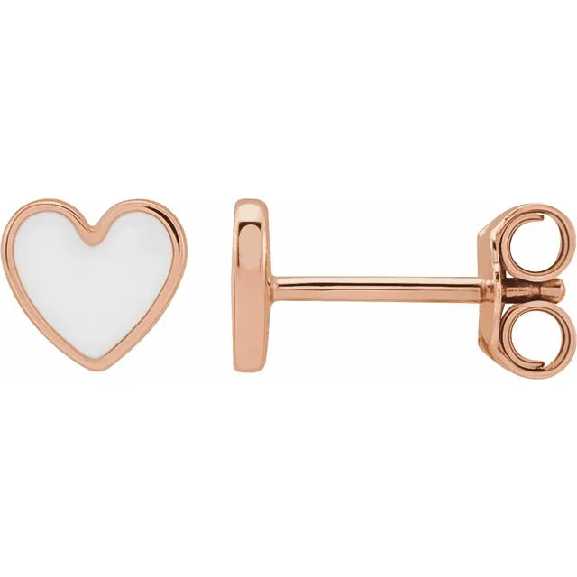 14K Rose Gold White Enameled Heart Gold Earrings