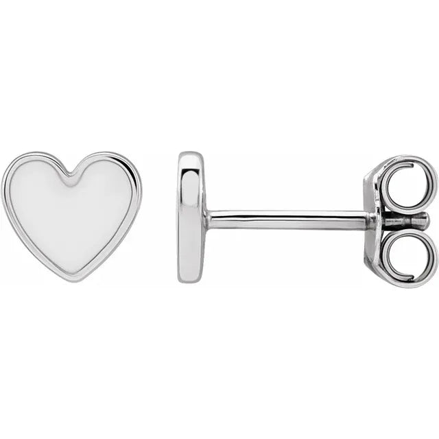 14K White Gold White Enameled Heart Gold Earrings