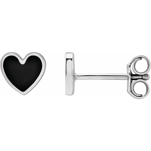 14K White Gold Black Enameled Heart Gold Earrings