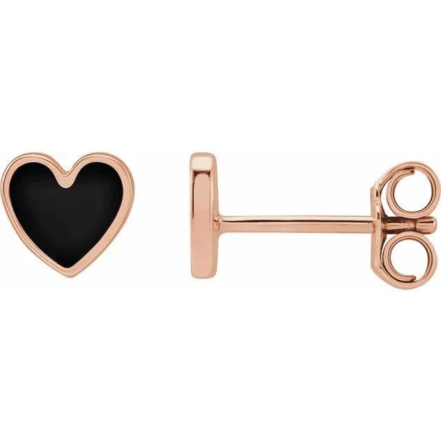 14K Rose Gold Black Enameled Heart Gold Earrings
