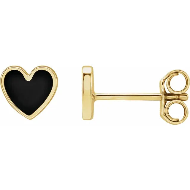 14K Yellow Gold Black Enameled Heart Gold Earrings