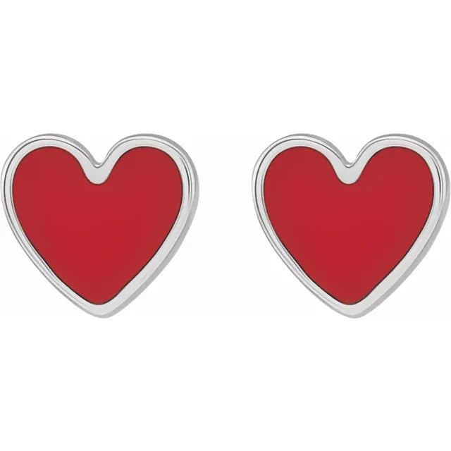 14K White Gold Red Enameled Heart Gold Earrings details