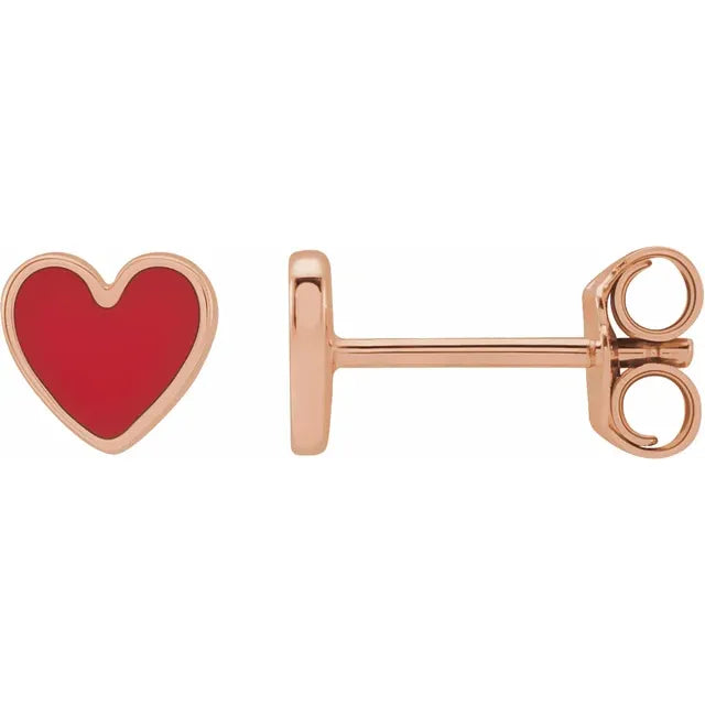 14K Rose Gold Red Enameled Heart Gold Earrings