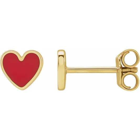 14K Yellow Gold red Enameled Heart Gold Earrings