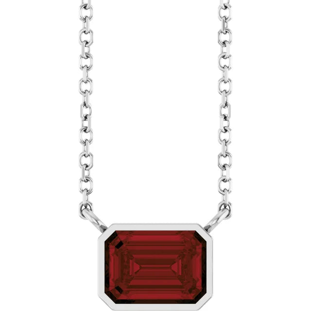 White gold Garnet Bezel Set Emerald Cut Birthstone Pendant