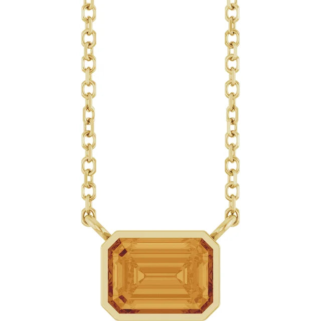 Gold Bezel Set Emerald Cut Natural Citrine Birthstone Solitaire Necklace