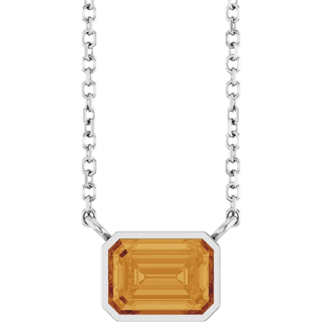 White Gold Bezel Set Emerald Cut Natural Citrine Birthstone Solitaire Necklace