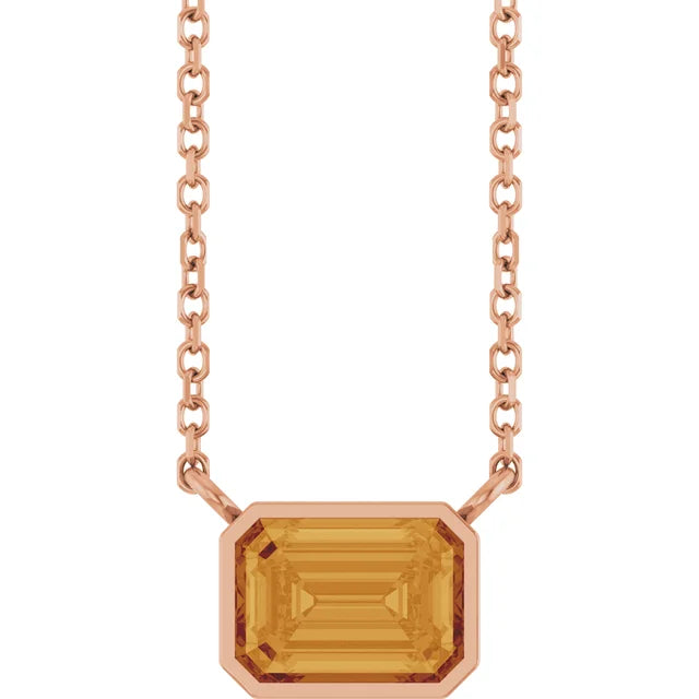 Rose Gold Bezel Set Emerald Cut Natural Citrine Birthstone Solitaire Necklace