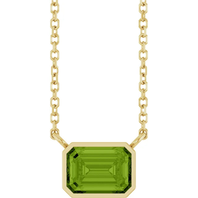 Yellow Gold Bezel Set Emerald Cut Peridot Birthstone Solitaire Necklace