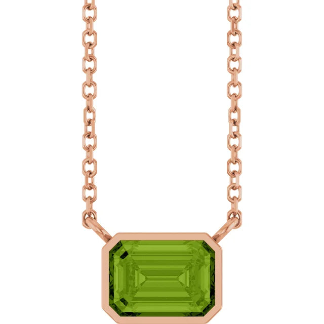 Rose Gold Bezel Set Emerald Cut Peridot Birthstone Solitaire Necklace