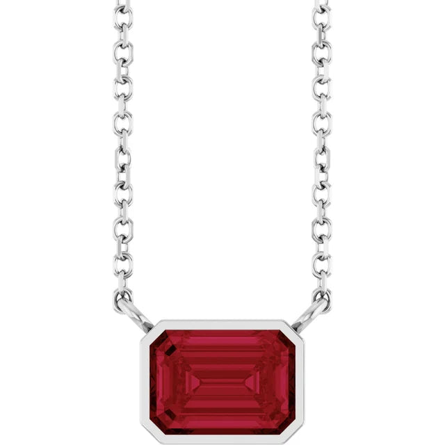 White Gold Bezel Set Emerald Cut Ruby Birthstone Solitaire Necklace