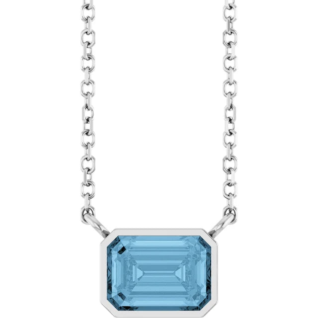 White Gold Bezel Set Emerald Cut Sky Blue Topaz Birthstone Solitaire Necklace