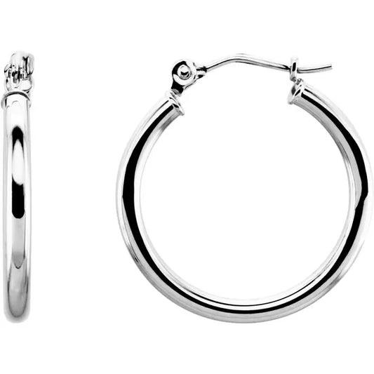 20 mm classic round tube hoop earrings in polished 14K White gold with secure catch closure