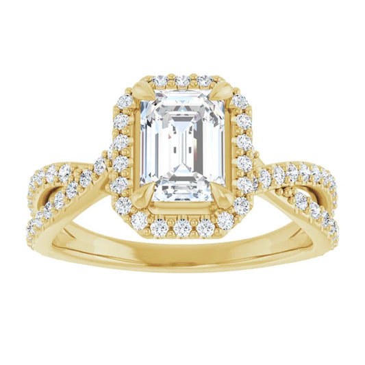 Halo Style Emerald Cut Diamond Engagement Ring with Twisted Shank