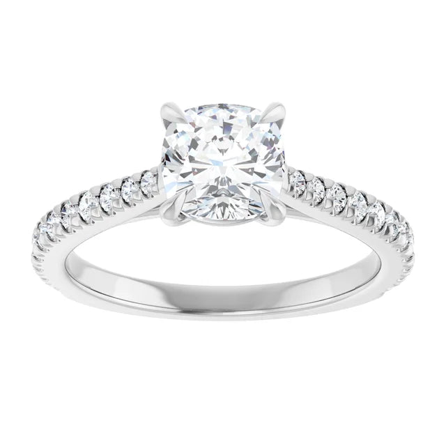 1 CT Cushion Cut Diamond Solitaire Engagement Ring with Accented Diamonds on the shank Set in white gold or platinum