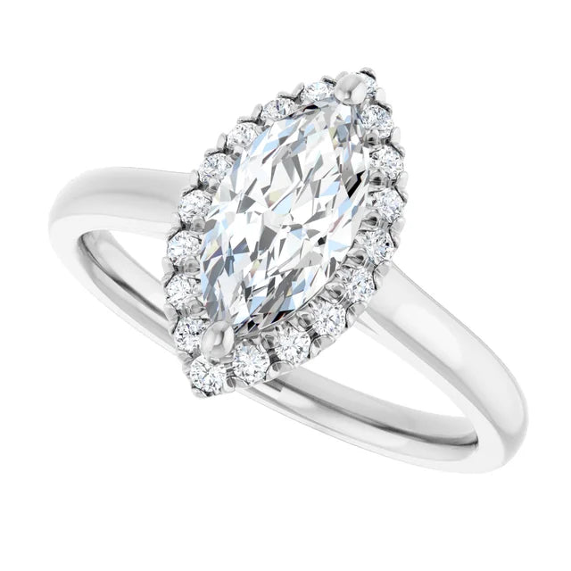 Sideway Picture for a 1 CT Halo Style Marquise Diamond Solitaire Engagement Ring Set in white Gold or platinum