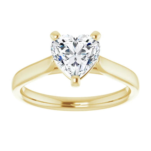 Heart-shaped solitaire engagement ring in 14K Yellow gold with a 1 carat diamond, featuring a three-prong setting and engraved ‘JORDAN’ logo on the shank.