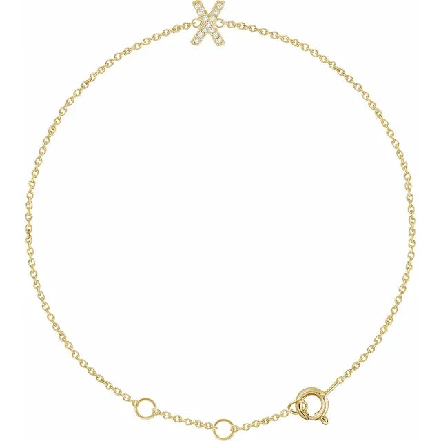 Delicate pavé diamond initial letter X bracelet in solid 14K yellow gold chain