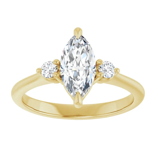 1 CT Marquise & Round three Stone diamond engagement Ring Set in Yellow Gold