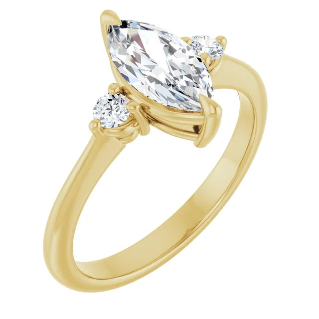 Sideway Picture for 1 CT Marquise & Round three Stone diamond engagement Ring Set in Yellow Gold