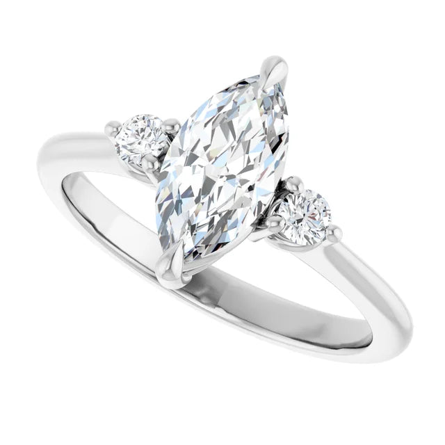 Sideway Picture for 1 CT Marquise & Round three Stone diamond engagement Ring Set in white gold or platinum