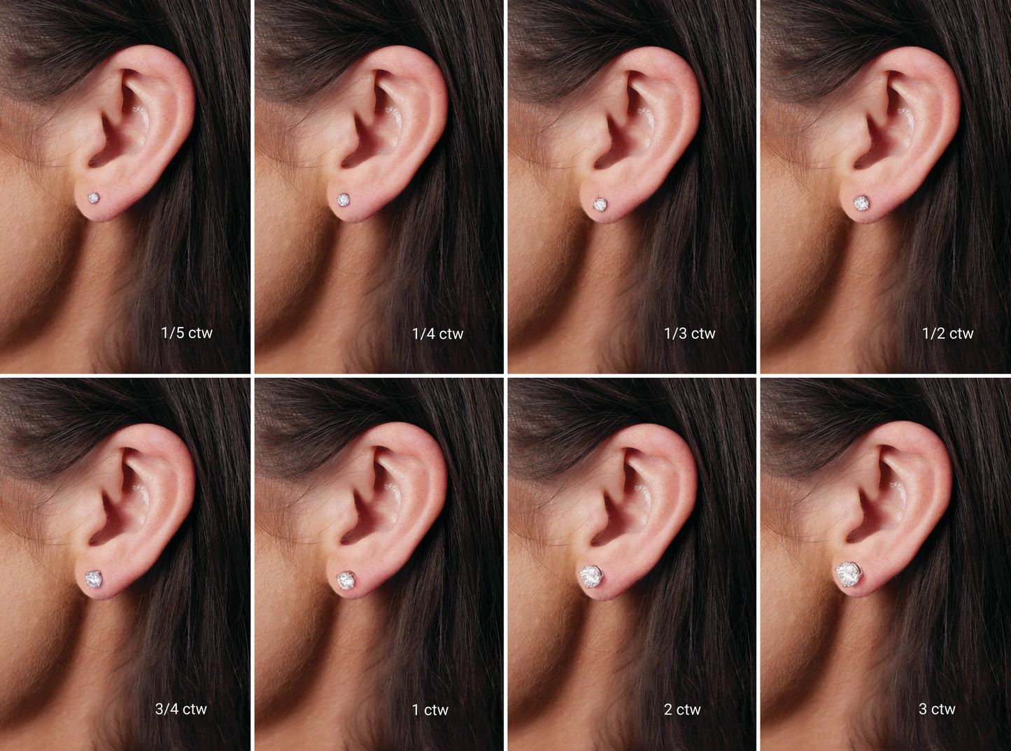 Picture of Model Wearing Diamond Stud earrings showing difference in diamond size