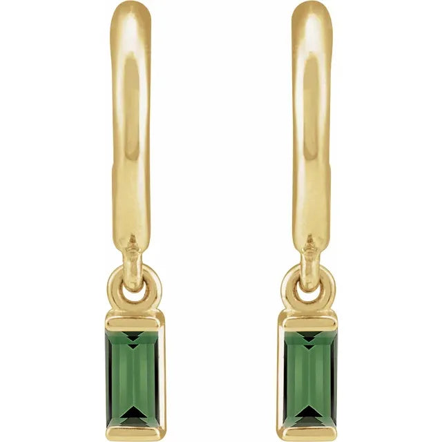 Yellow Gold Natural Green Tourmaline Hoop Earrings