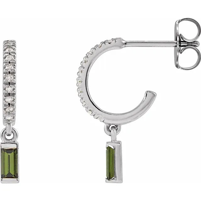 White Gold Natural Green Tourmaline & Natural Diamond French-Set Birthstone Hoop Earrings