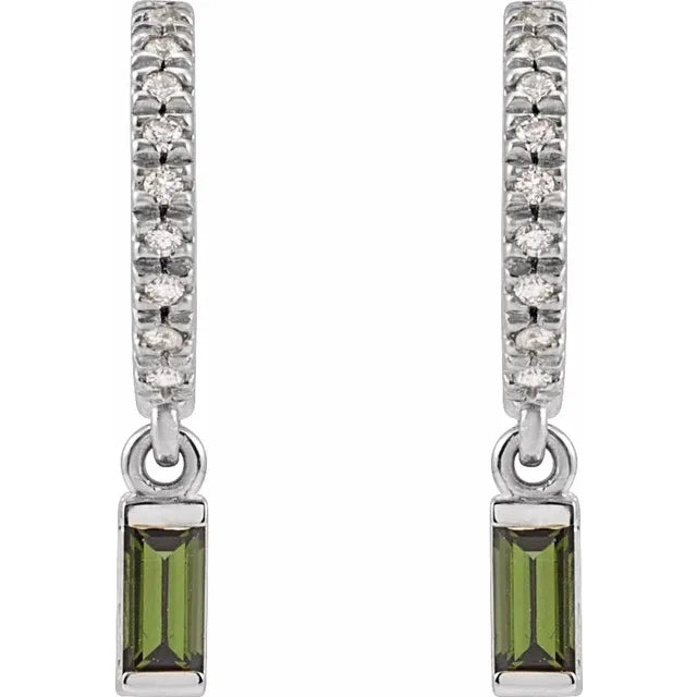 Gold Natural Green Tourmaline & Natural Diamond French-Set Birthstone Hoop Earrings