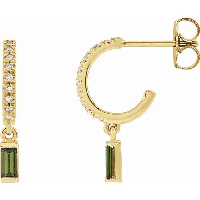 Yellow Gold Natural Green Tourmaline & Natural Diamond French-Set Birthstone Hoop Earrings