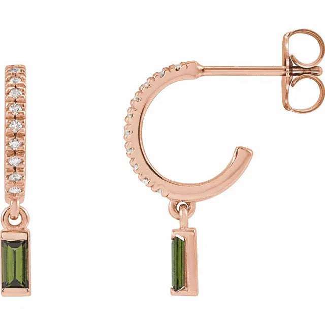Rose Gold Natural Green Tourmaline & Natural Diamond French-Set Birthstone Hoop Earrings