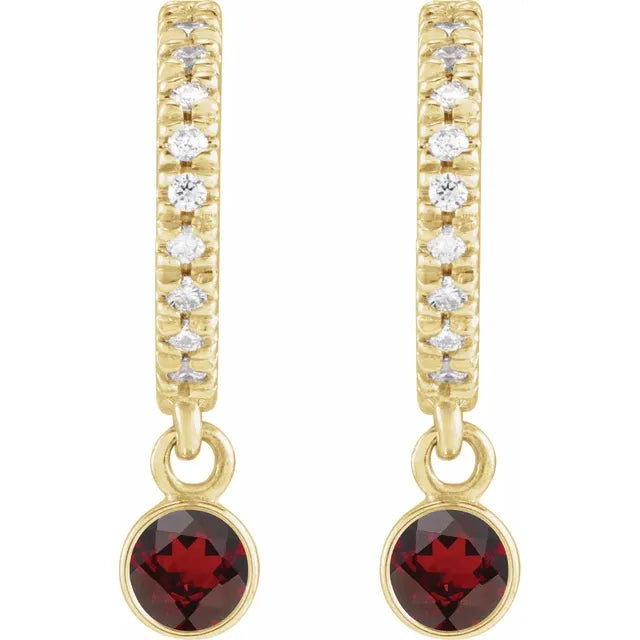 Yellow Gold Natural Mozambique Garnet & Natural Diamond French-Set Hoop Earrings