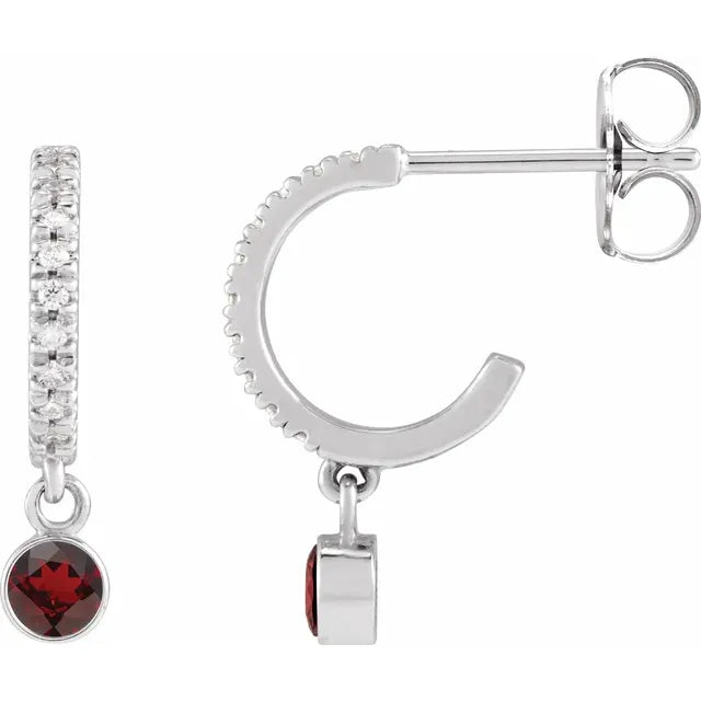 White gold or platinum Natural Mozambique Garnet & Natural Diamond French-Set Hoop Earrings