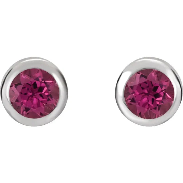 White gold Natural Pink Tourmaline Bezel-Set Earrings