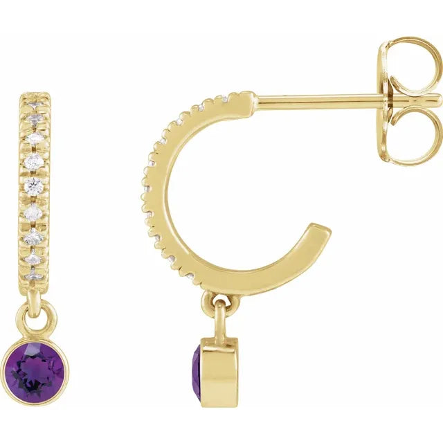 Yellow Gold Natural Amethyst & Natural Diamond French-Set Hoop Earrings