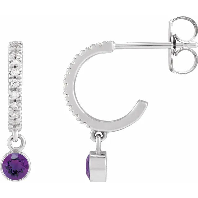 White gold Natural Amethyst & Natural Diamond French-Set Hoop Earrings