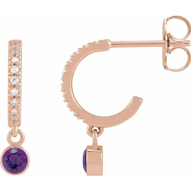 Rose Gold Natural Amethyst & Natural Diamond French-Set Hoop Earrings