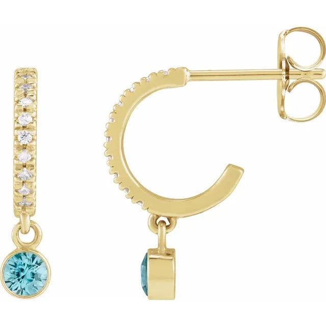 Yellow Gold Natural Aquamarine & Natural Diamond French-Set Hoop Earrings