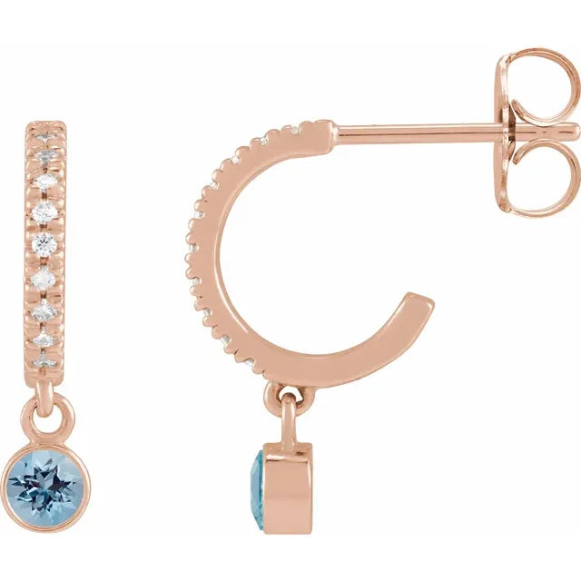 Rose Gold Natural Aquamarine & Natural Diamond French-Set Hoop Earrings