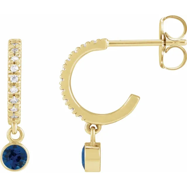 Yellow Gold Natural Blue Sapphire & CTW Natural Diamond French-Set Hoop Earrings