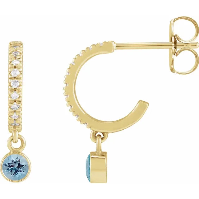 Yellow Gold Natural Blue Zircon CTW Natural Diamond French-Set Hoop Earrings