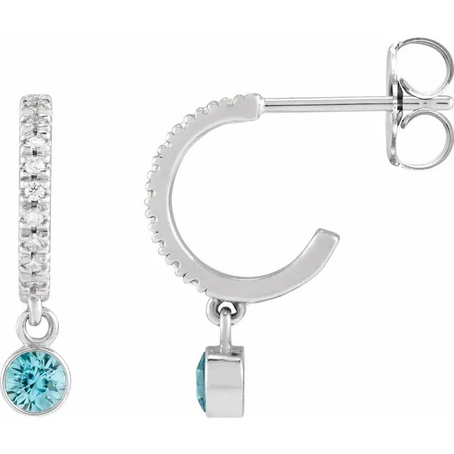 White gold or platinum Natural Blue Zircon CTW Natural Diamond French-Set Hoop Earrings