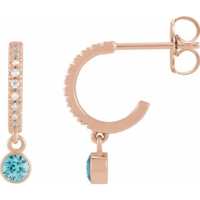 Rose Gold Natural Blue Zircon CTW Natural Diamond French-Set Hoop Earrings