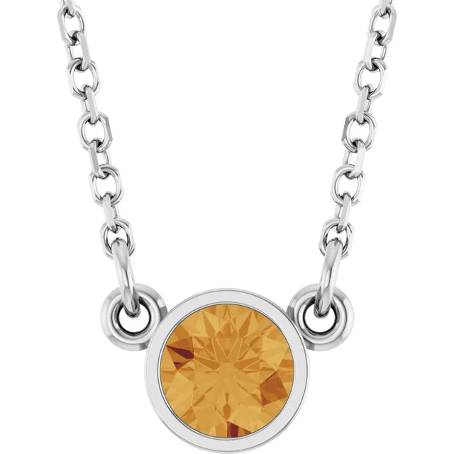 White Gold Natural Citrine Bezel Set Birthstone Solitaire Necklace
